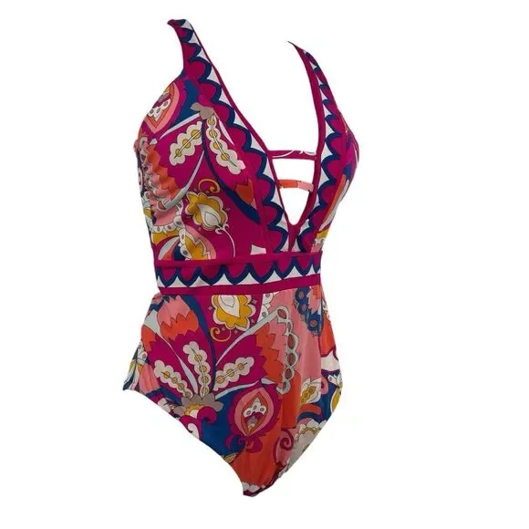 Trina Turk Sevilla V Plunge Strappy One Piece Swimsuit Sz. 14 - Picture 9 of 11